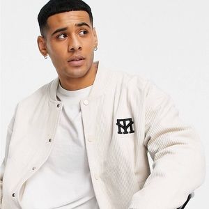 Topman cord varsity jacket with appliqué in off white